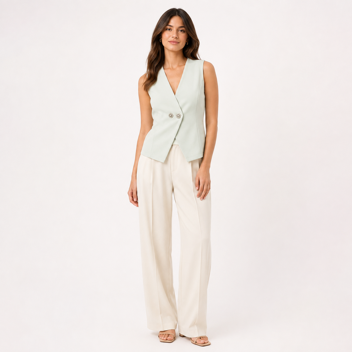 Modelo usando chaleco color mint
