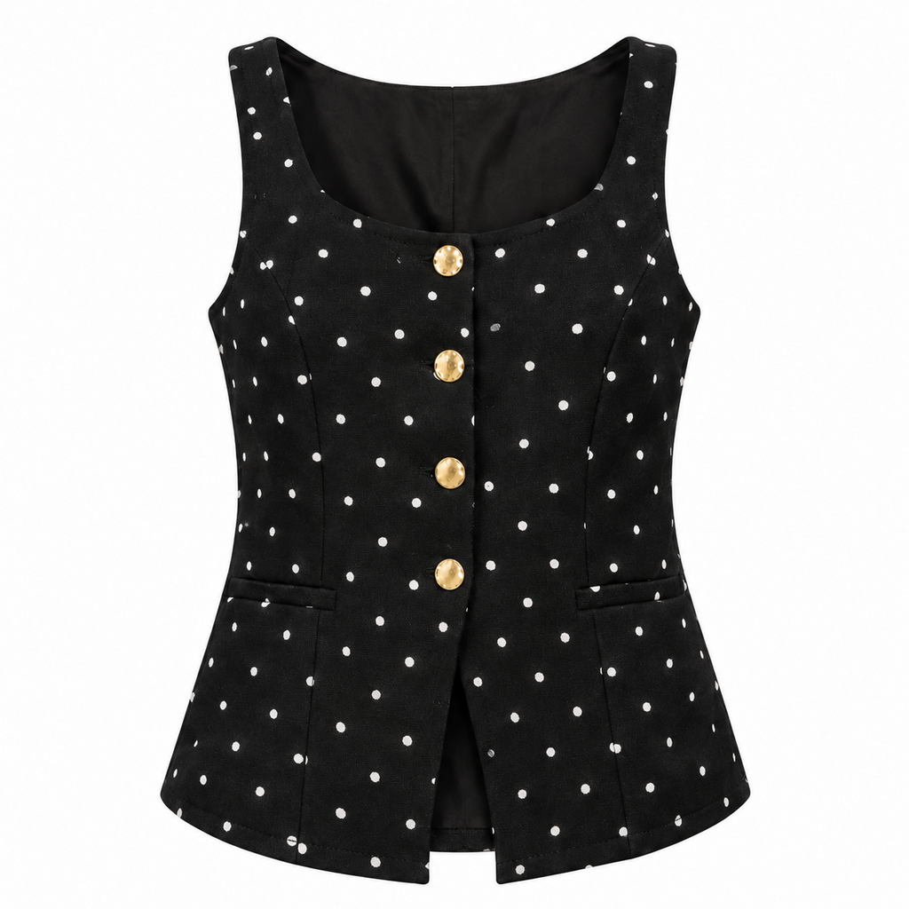 Chaleco negro con puntos blancos, vista frontal