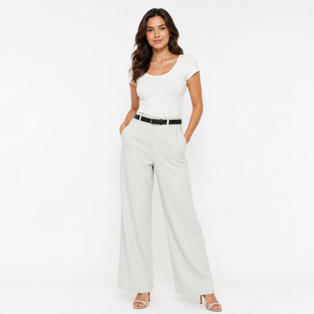 Modelo usando pantalón con cinturón color mint