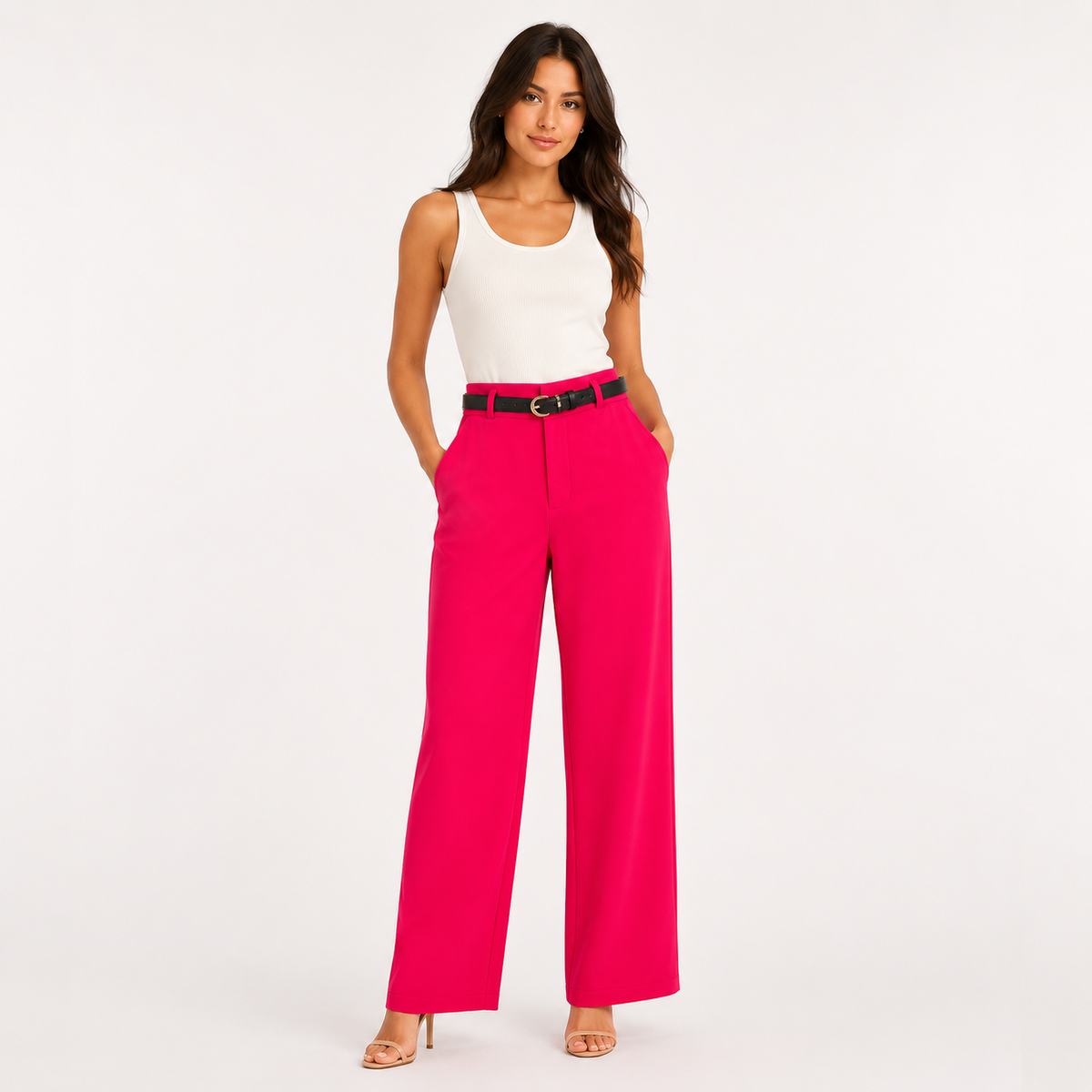 Modelo usando pantalón con cinturón color rojo
