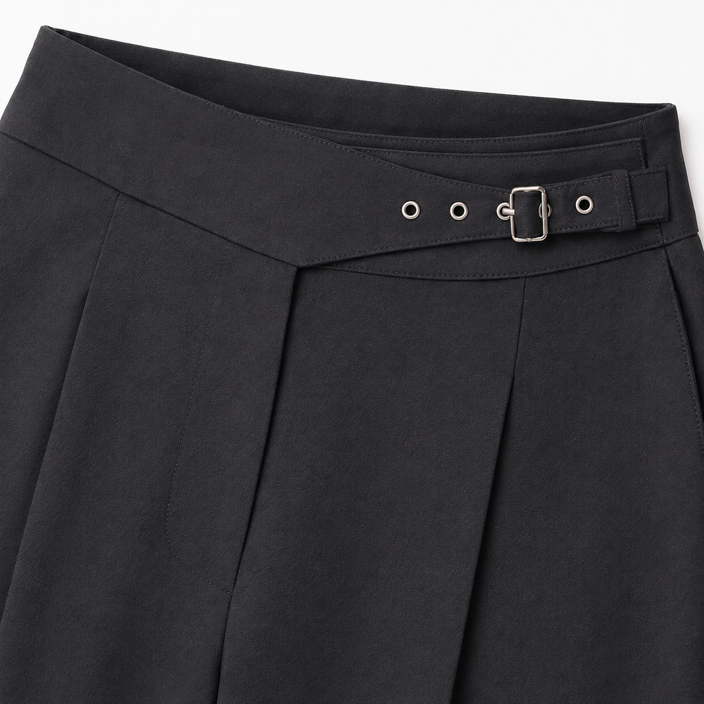 Detalle de hebilla y cintura del pantalón negro
