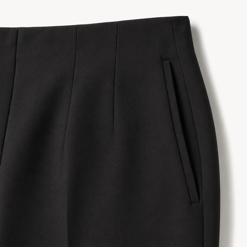 Detalle de confección del pantalón de pinzas negro