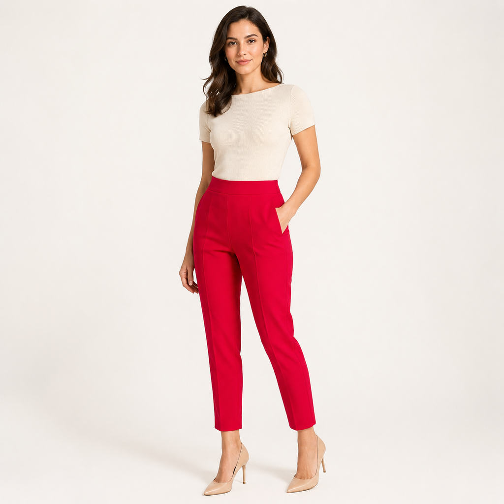Modelo usando pantalón de pinzas rojo