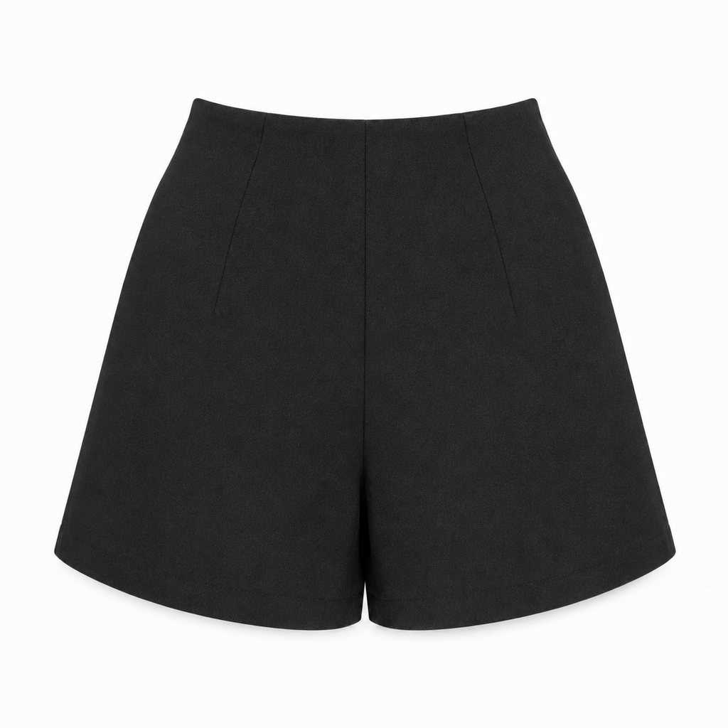 Short negro de mujer con botones dorados, vista posterior