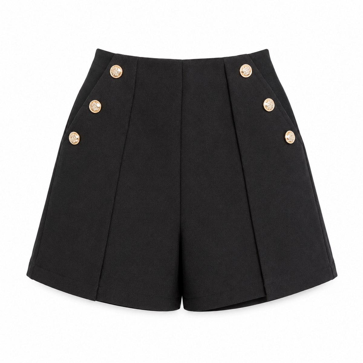 Short negro de mujer con botones dorados, vista frontal